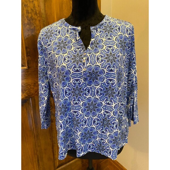 Kim Rogers Size Petite Large Blue Casual Print 3/4 Sleeve Comfortable T shirt - Picture 1 of 11